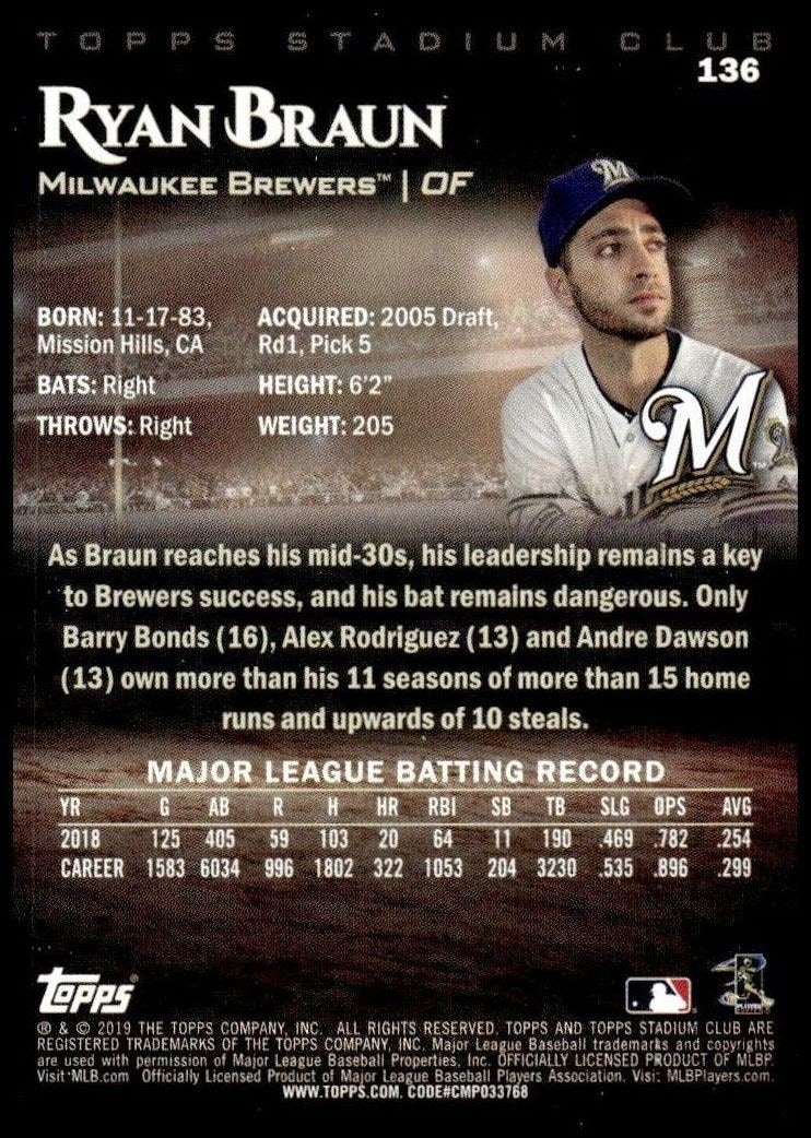 2019 Topps Stadium Club Ryan Braun #136 baseball trading card back
