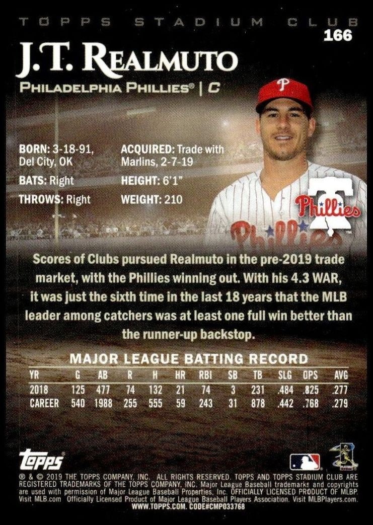 2019 Topps Stadium Club Jt Realmuto #166 baseball trading card back