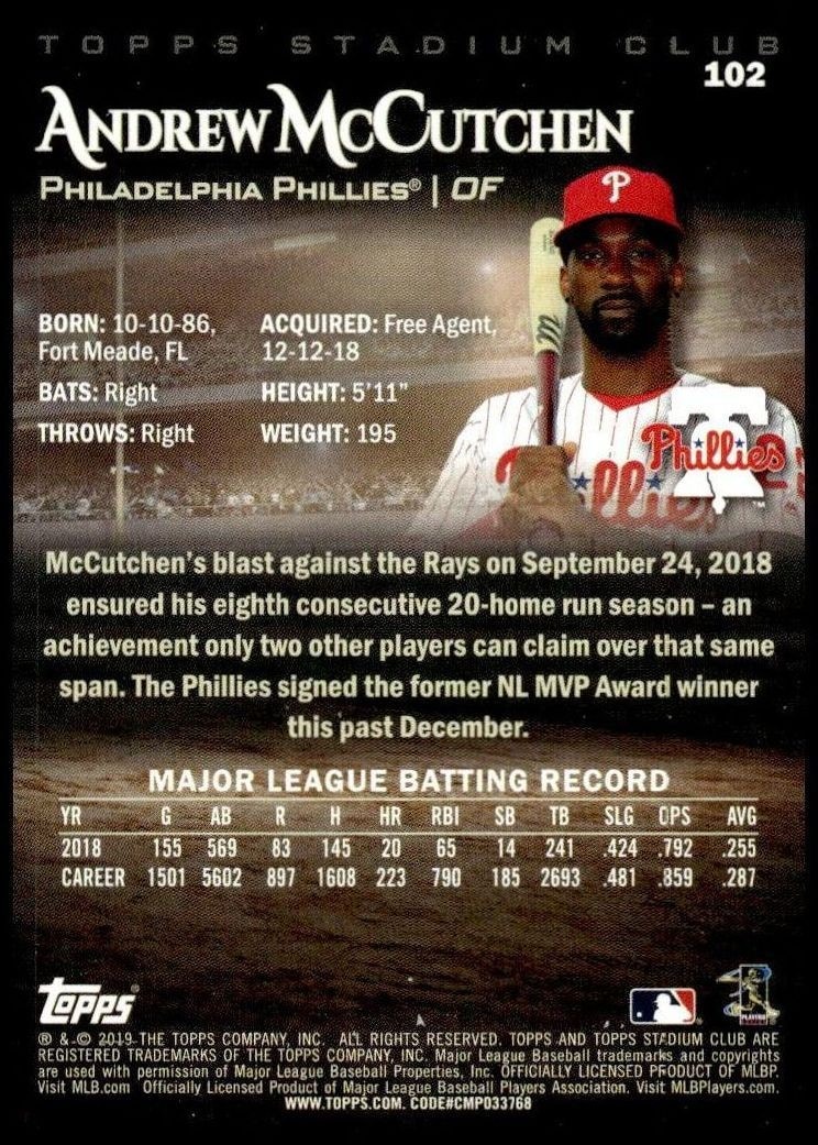 2019 Topps Stadium Club Andrew McCutchen #102 baseball trading card back