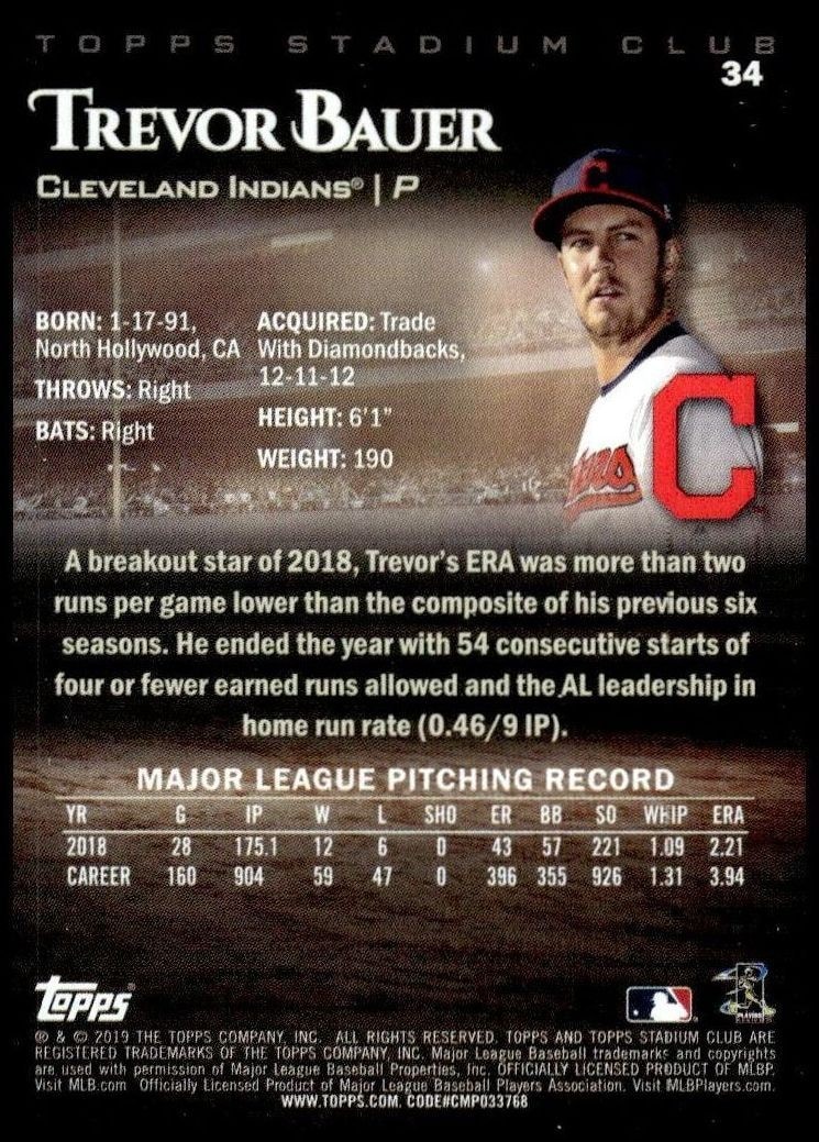 2019 Topps Stadium Club Trevor Bauer #34 baseball trading card back