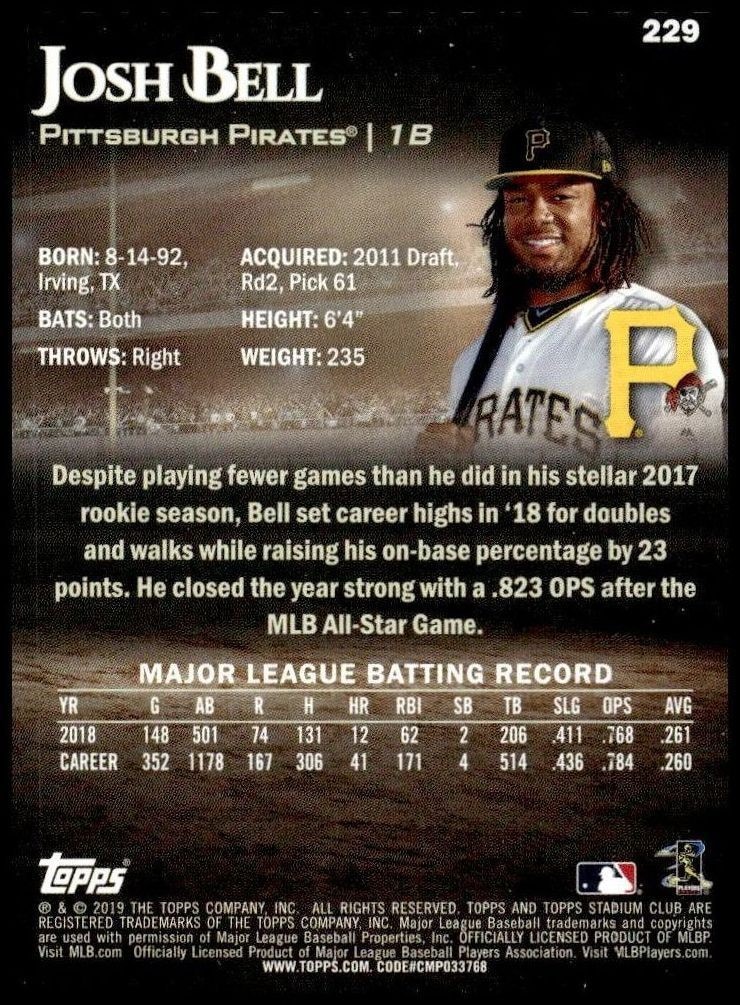 2019 Topps Stadium Club Josh Bell #229 baseball trading card back