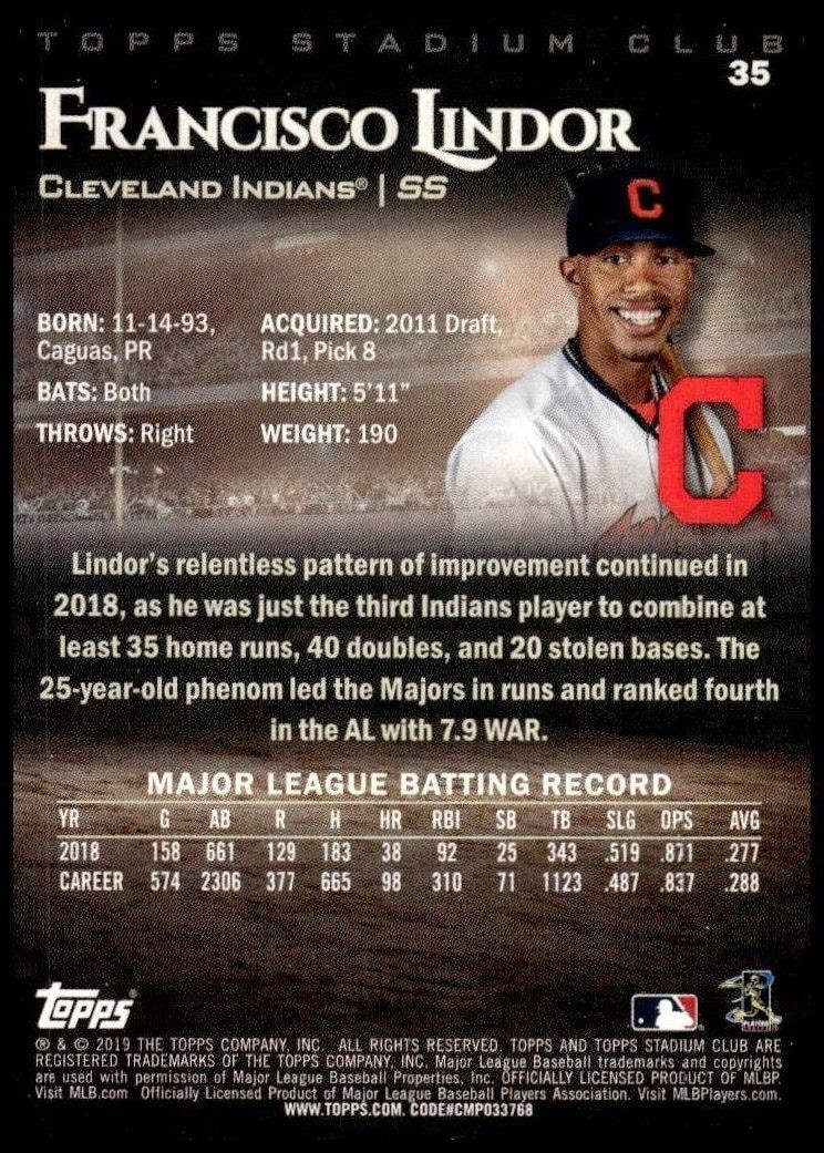 2019 Topps Stadium Club Francisco Lindor #35 baseball trading card back