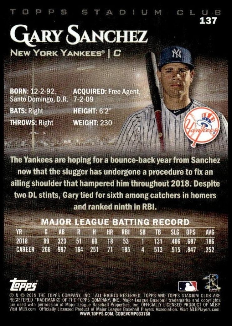 2019 Topps Stadium Club Gary Sanchez #137 baseball trading card back