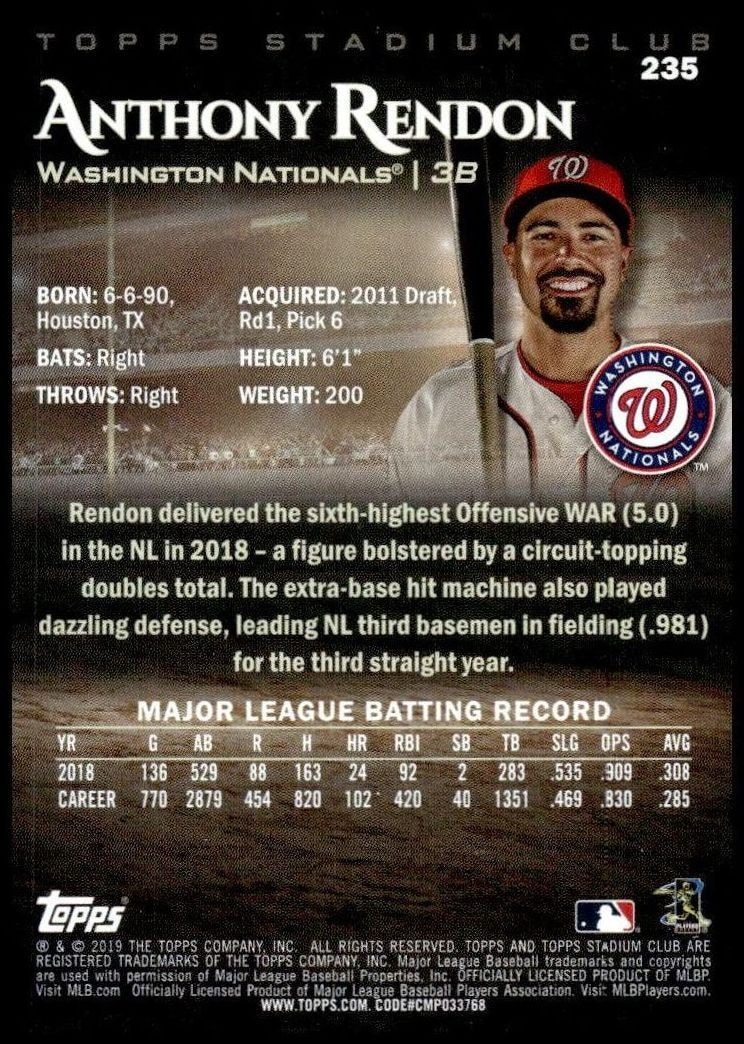 2019 Topps Stadium Club Anthony Rendon #235 baseball trading card back