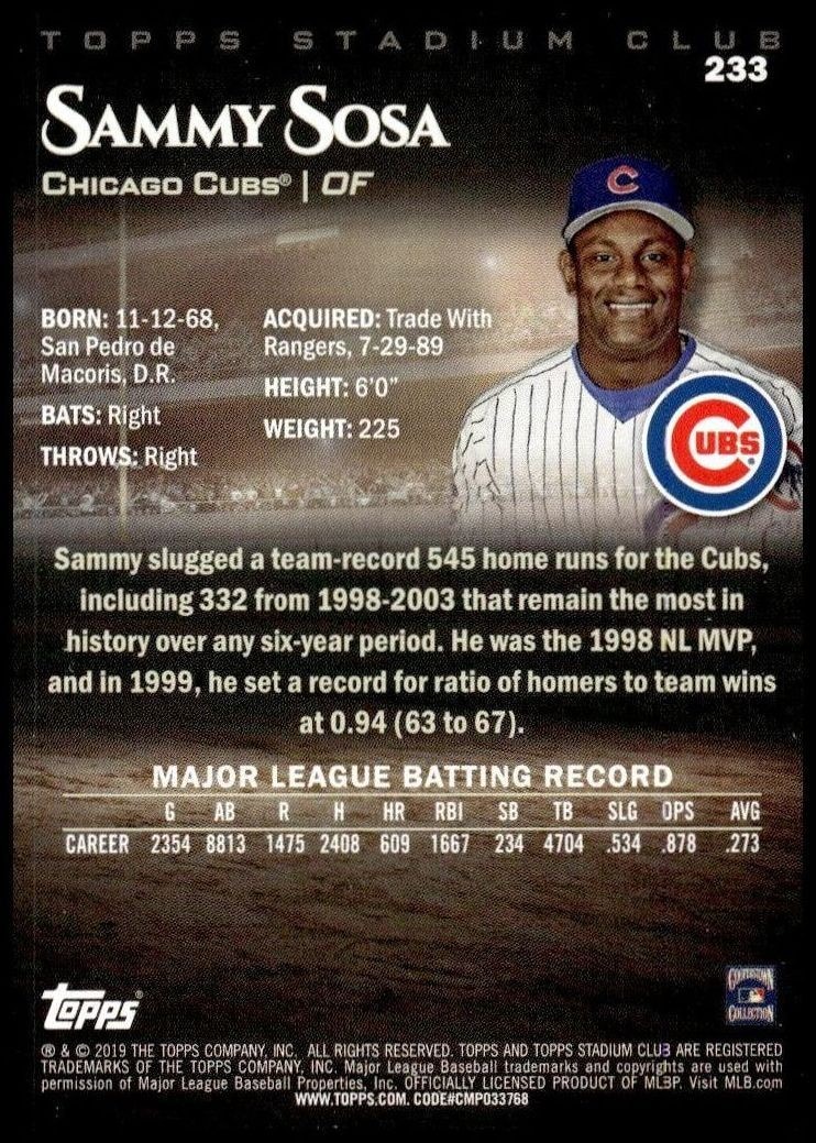 2019 Topps Stadium Club Sammy Sosa #233 baseball trading card back