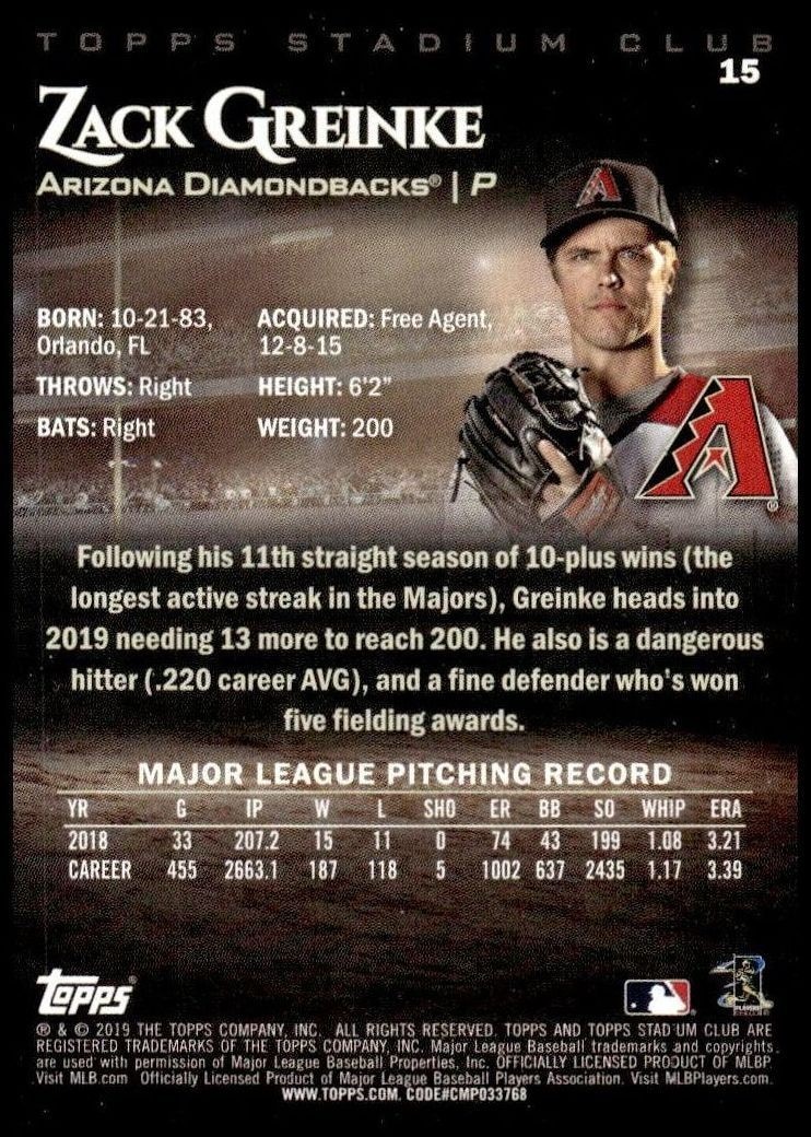 2019 Topps Stadium Club Zack Greinke #15 baseball trading card back