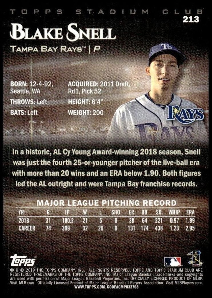 2019 Topps Stadium Club Blake Snell #213 baseball trading card back