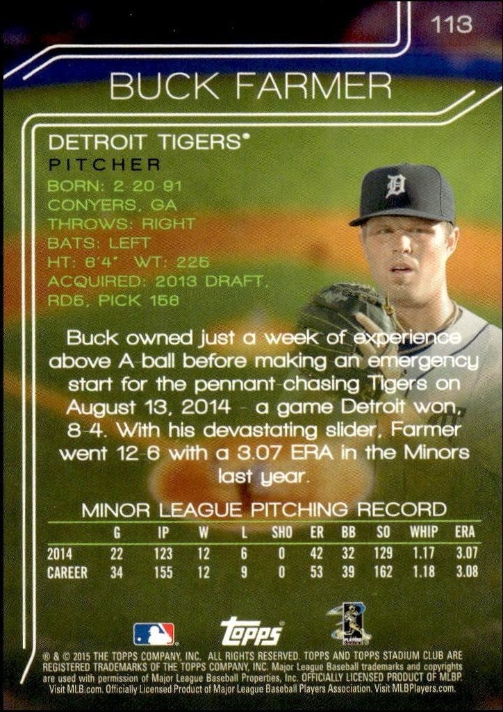 2015 Topps Stadium Club Buck Farmer #113 baseball trading card back