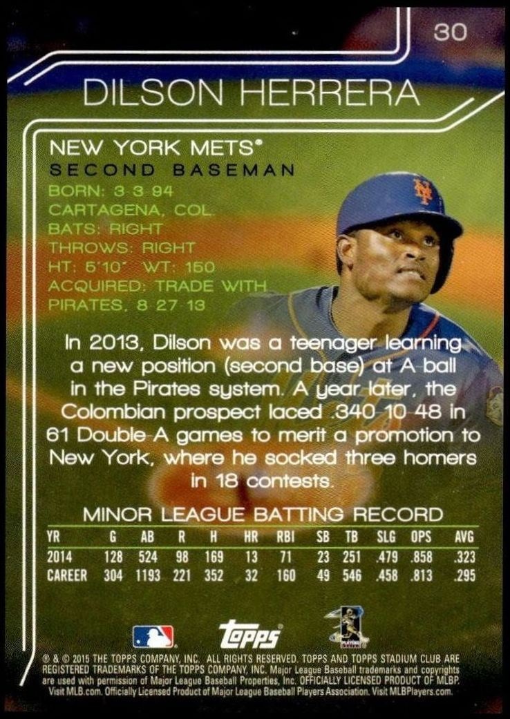 2015 Topps Stadium Club Dilson Herrera #30 baseball trading card back