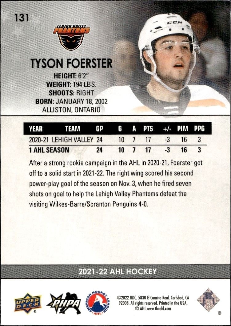 2021-22 Upper Deck AHL Tyson Foerster #131 hockey trading card back