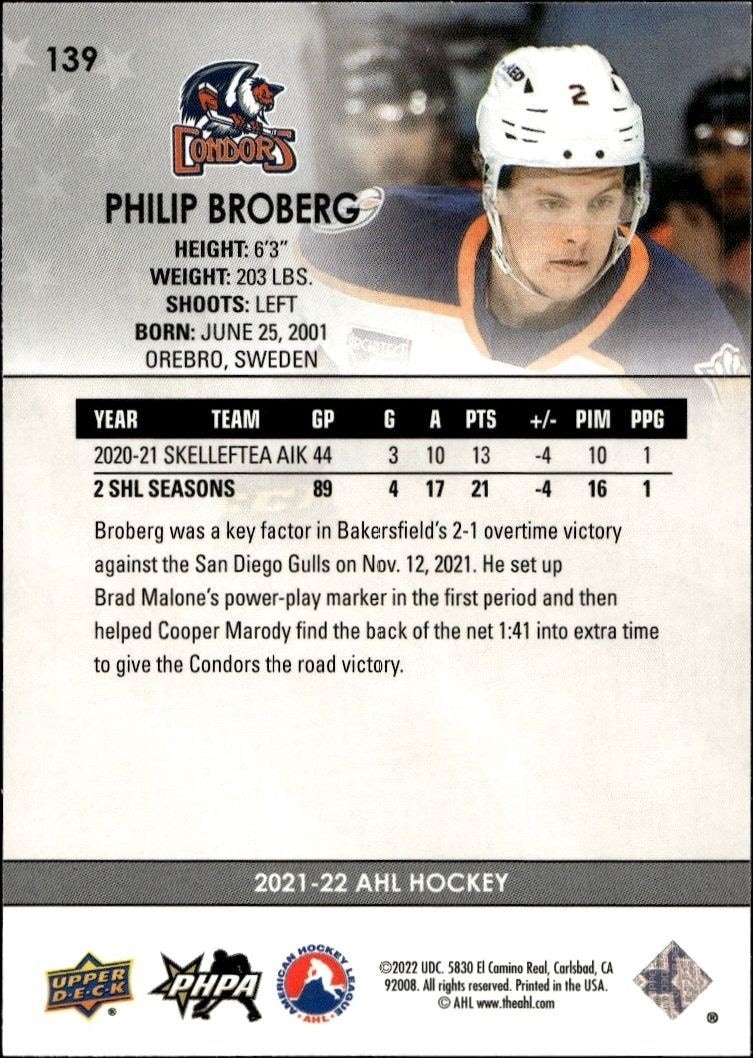 2021-22 Upper Deck AHL Philip Broberg #139 hockey trading card back