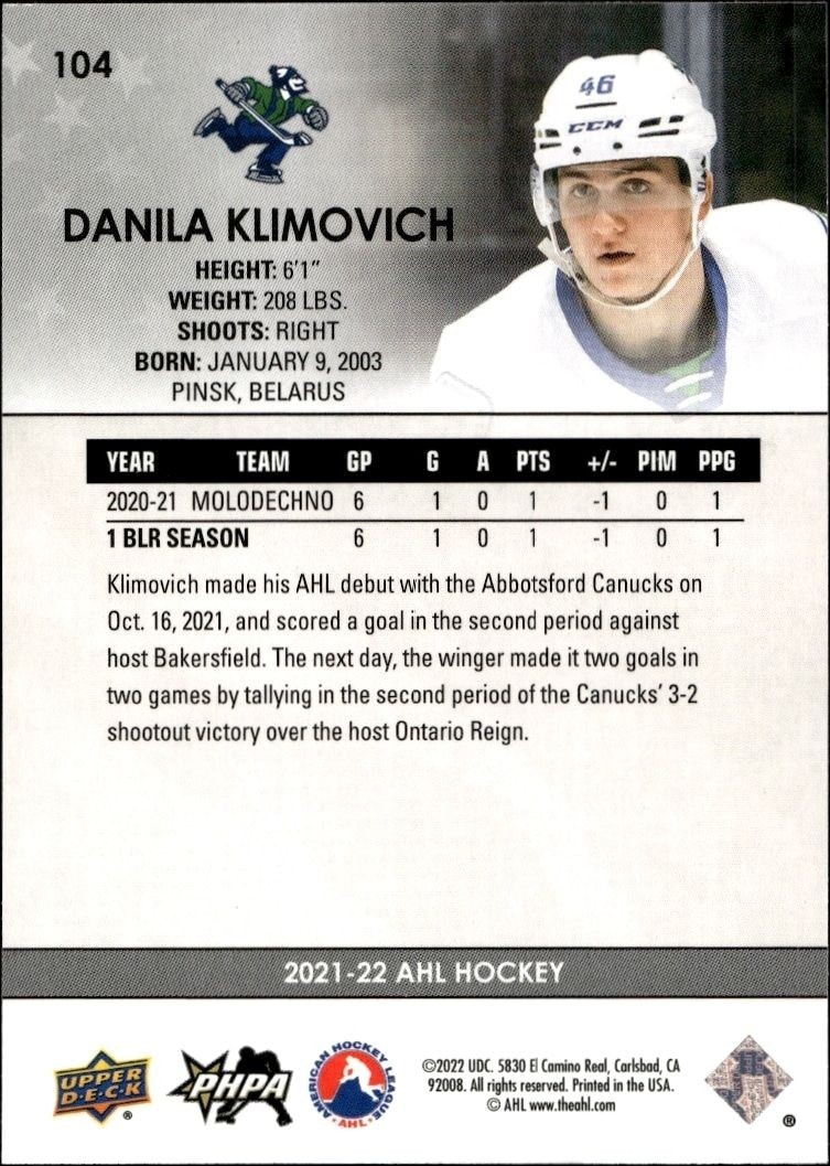 2021-22 Upper Deck AHL Danila Klimovich #104 hockey trading card back