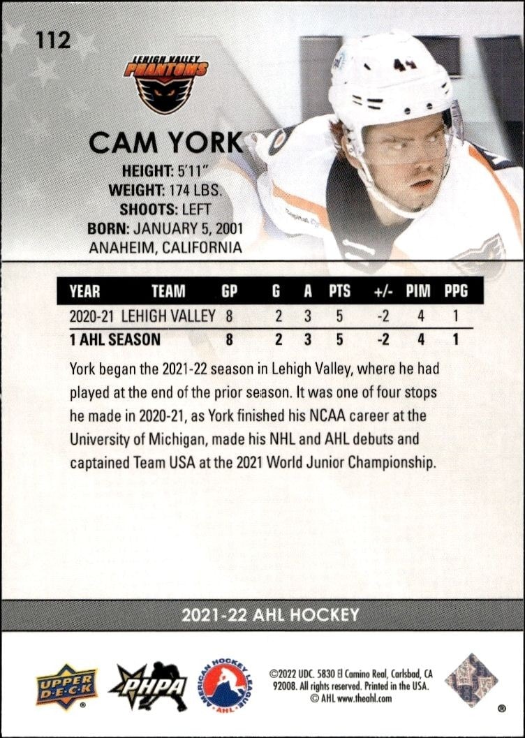 2021-22 Upper Deck AHL Cam York #112 hockey trading card back