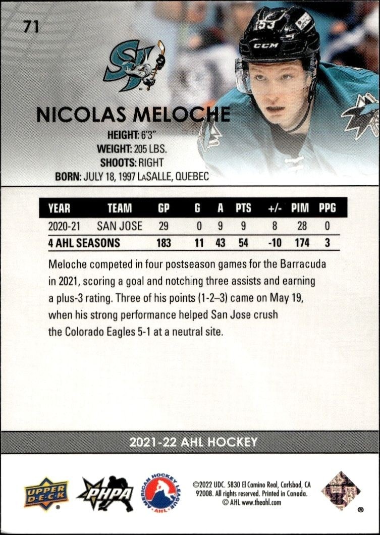 2021-22 Upper Deck AHL Nicolas Meloche #71 hockey trading card back