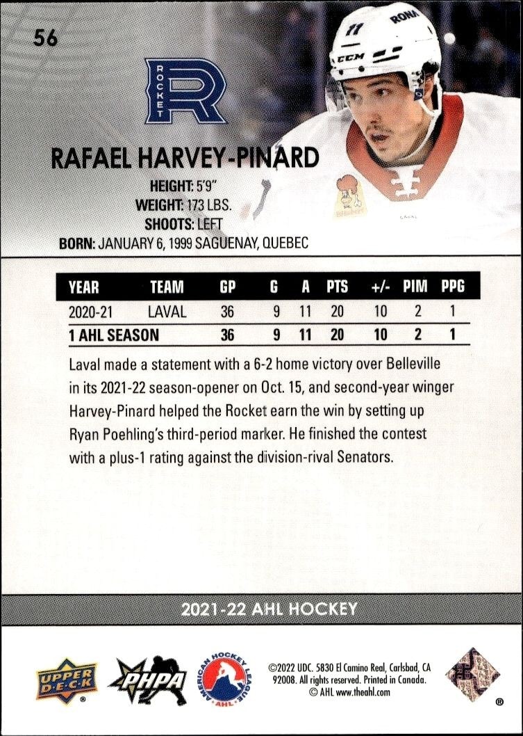 2021-22 Upper Deck AHL Rafael Harvey-Pinard #56 hockey trading card back