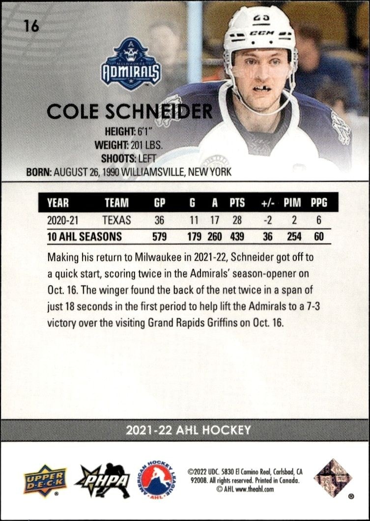 2021-22 Upper Deck AHL Cole Schneider #16 hockey trading card back