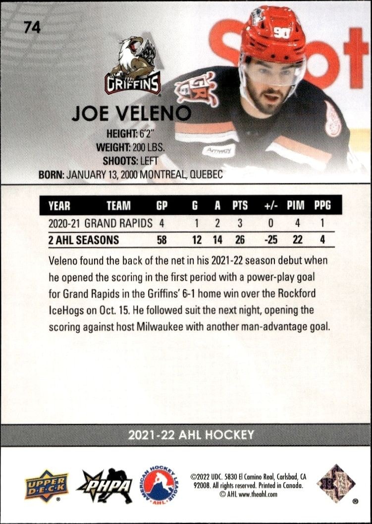 2021-22 Upper Deck AHL Joe Veleno #74 hockey trading card back