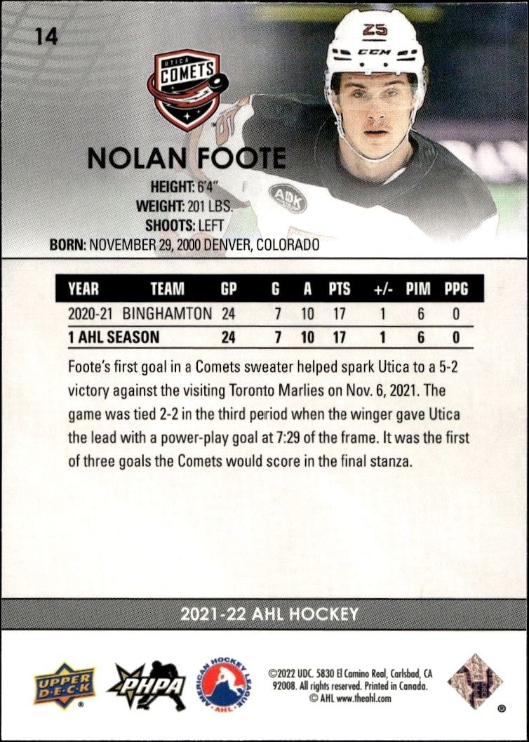 2021-22 Upper Deck AHL Nolan Foote #14 hockey trading card back