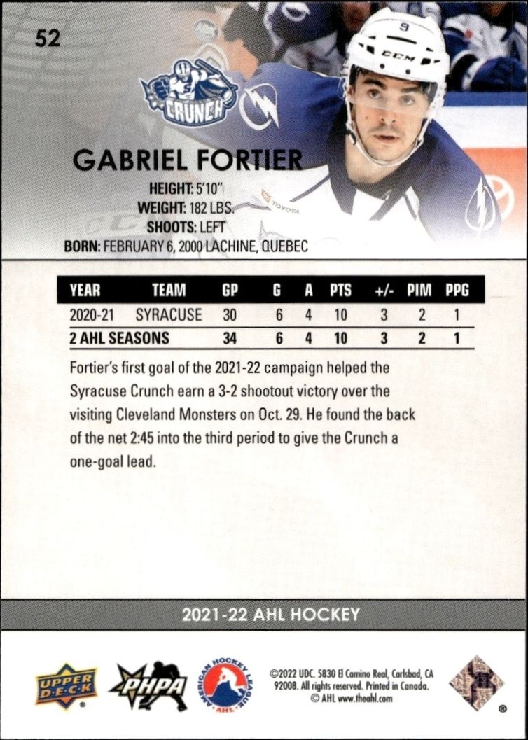 2021-22 Upper Deck AHL Gabriel Fortier #52 hockey trading card back