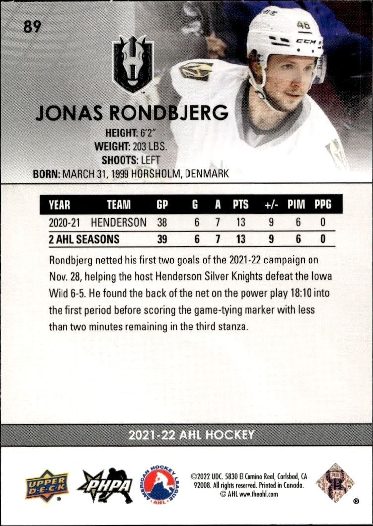 2021-22 Upper Deck AHL Jonas Rondbjerg #89 hockey trading card back