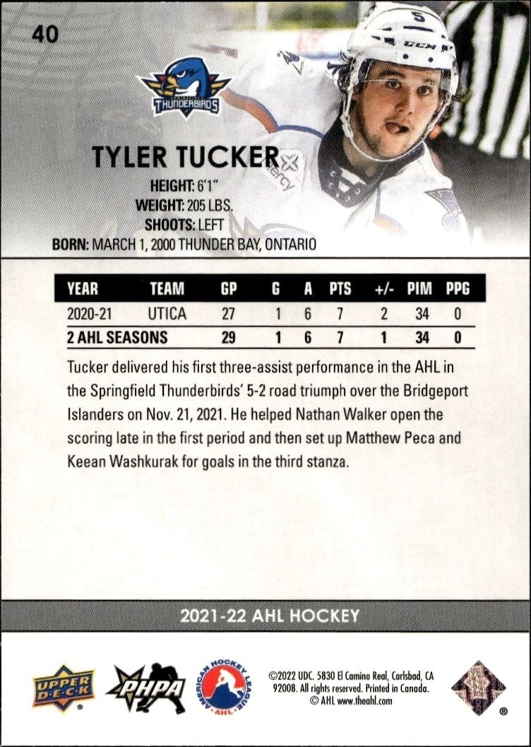 2021-22 Upper Deck AHL Tyler Tucker #40 hockey trading card back