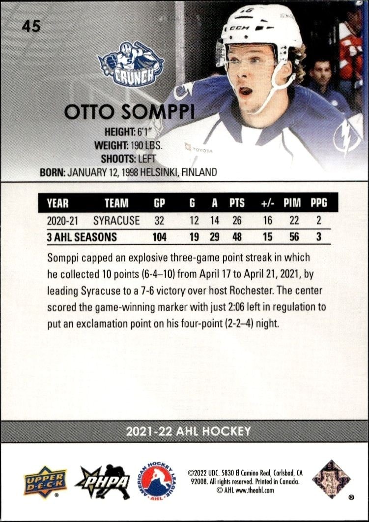 2021-22 Upper Deck AHL Otto Somppi #45 hockey trading card back
