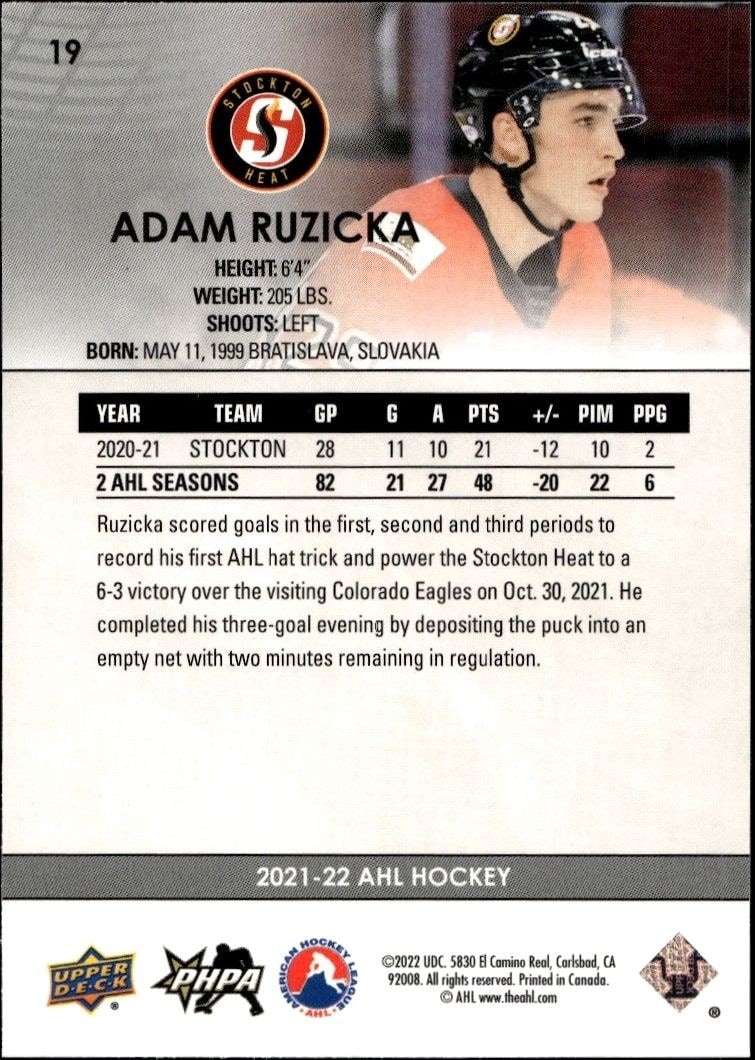 2021-22 Upper Deck AHL Adam Ruzicka #19 hockey trading card back