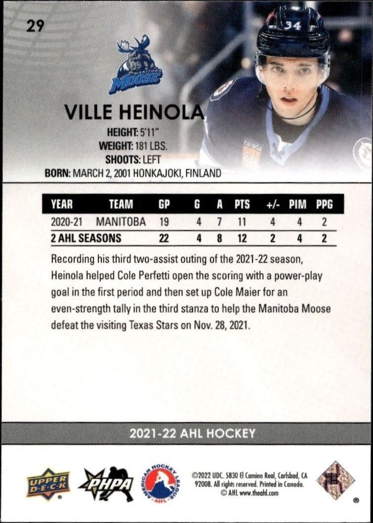 2021-22 Upper Deck AHL Ville Heinola #29 hockey trading card back