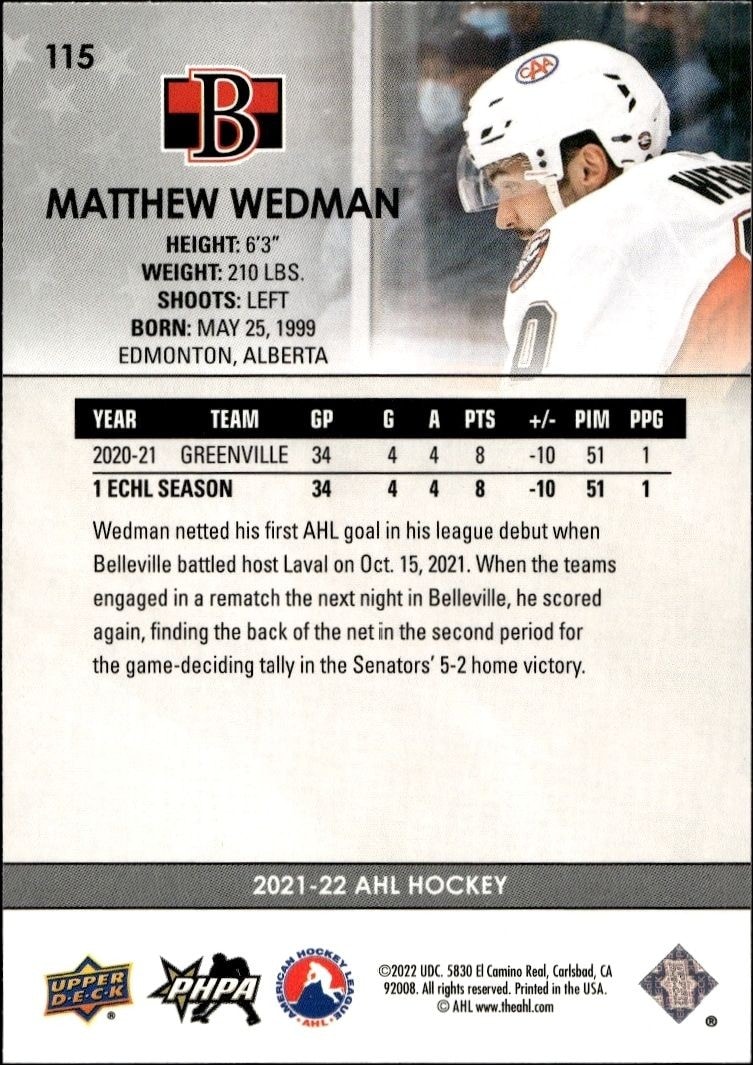 2021-22 Upper Deck AHL Matthew Wedman #115 hockey trading card back