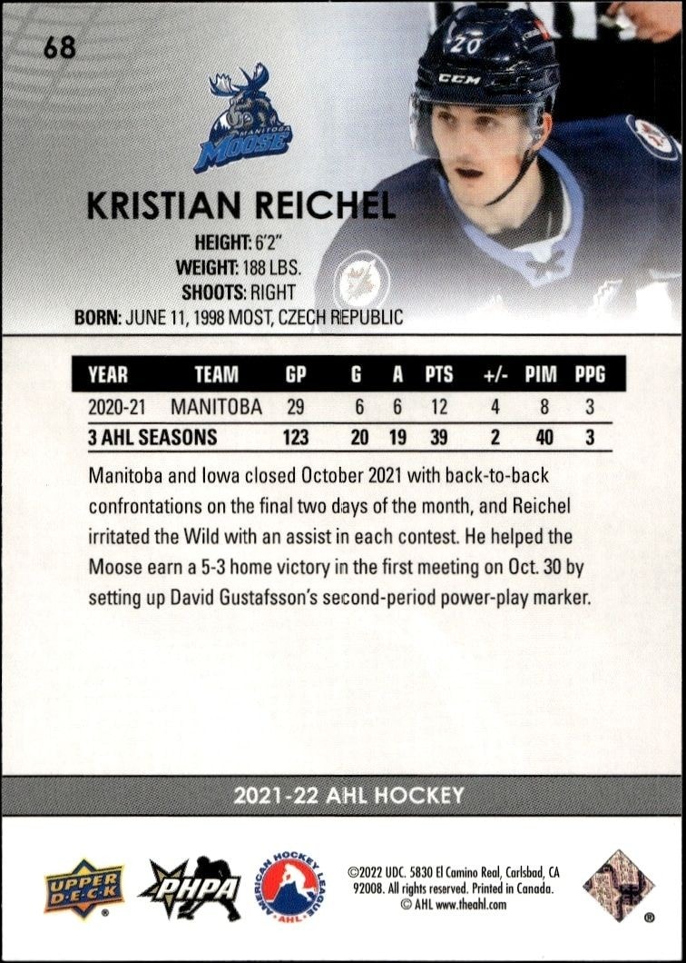 2021-22 Upper Deck AHL Kristian Reichel #68 hockey trading card back