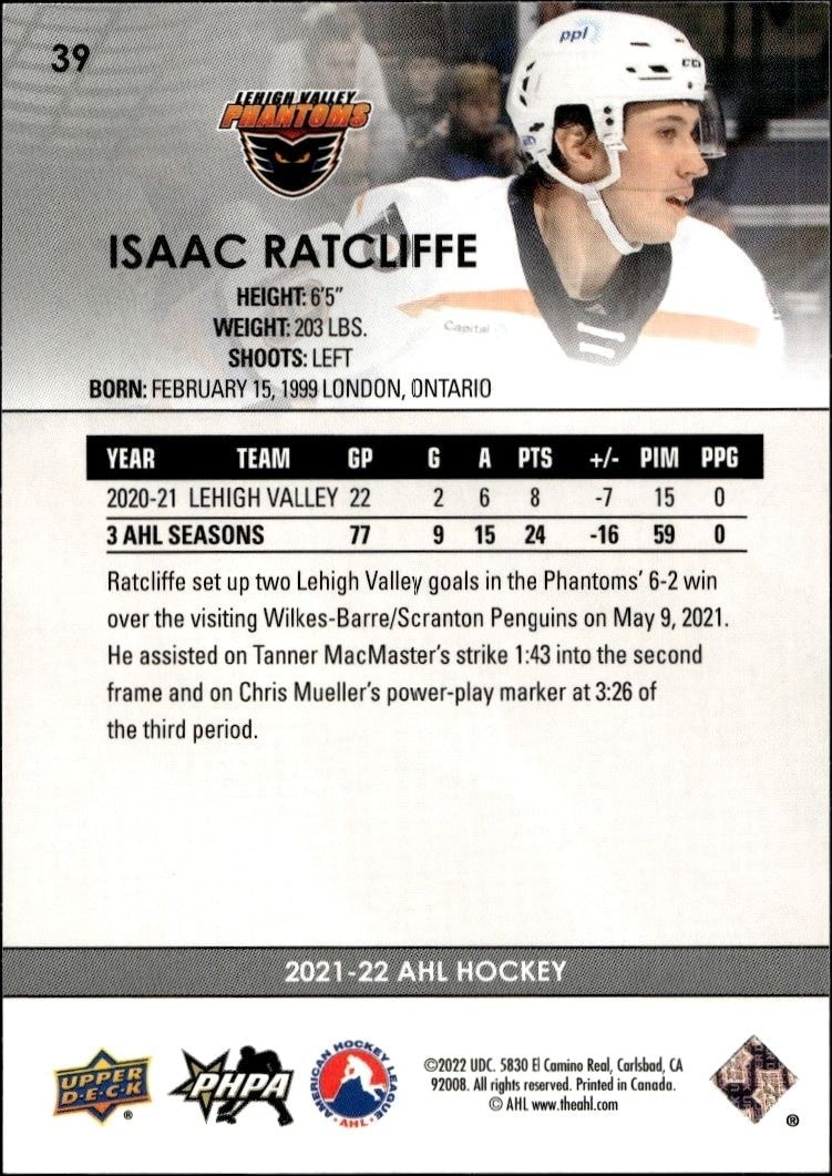 2021-22 Upper Deck AHL Isaac Ratcliffe #39 hockey trading card back