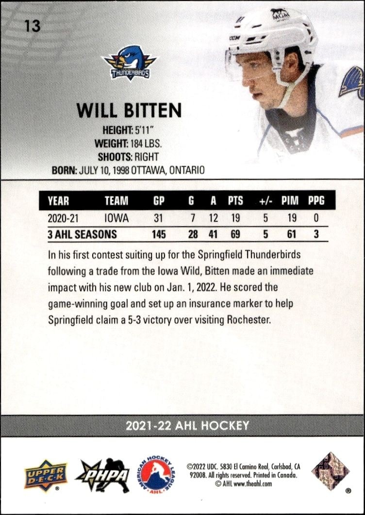 2021-22 Upper Deck AHL William Bitten #13 hockey trading card back