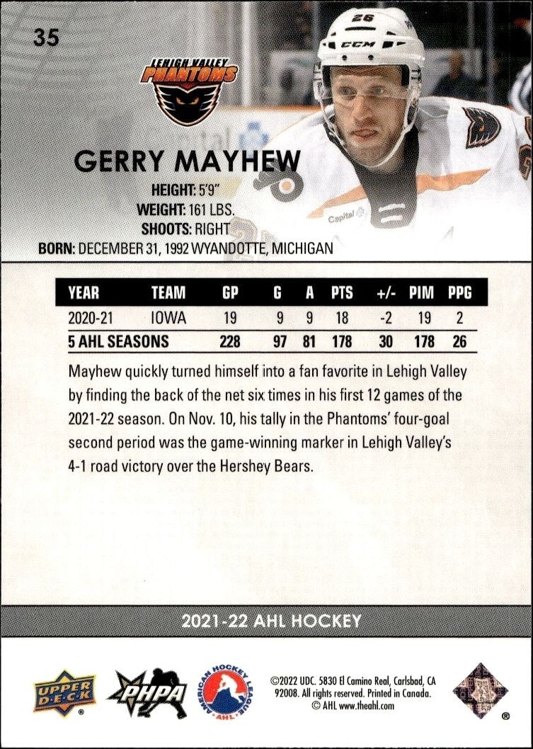 2021-22 Upper Deck AHL Gerry Mayhew #35 hockey trading card back