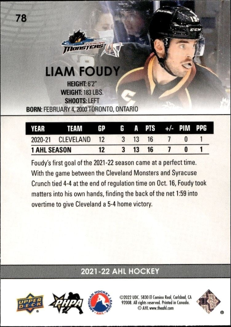 2021-22 Upper Deck AHL Liam Foudy #78 hockey trading card back