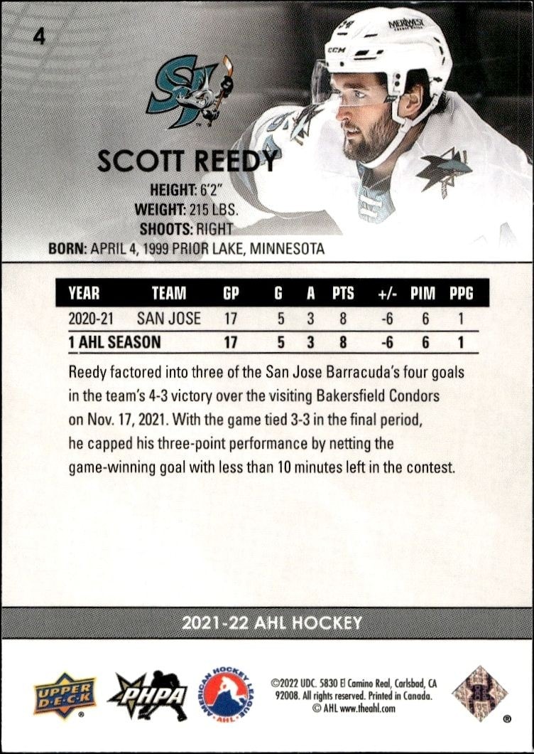 2021-22 Upper Deck AHL Scott Reedy #4 hockey trading card back