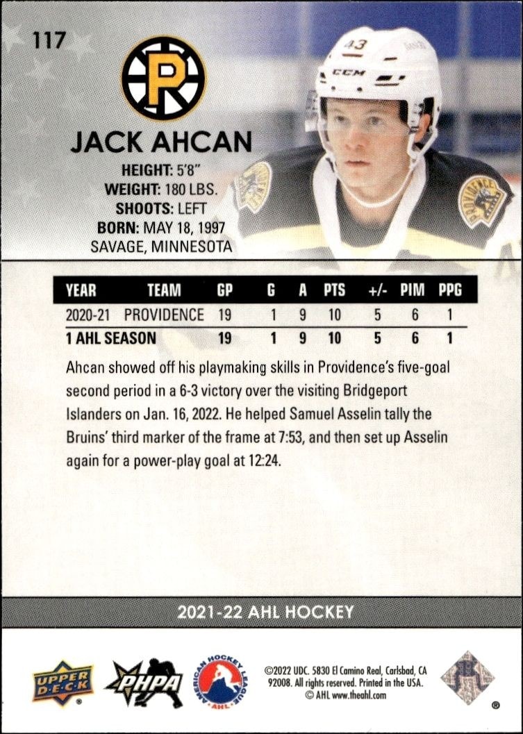 2021-22 Upper Deck AHL Jack Ahcan #117 hockey trading card back