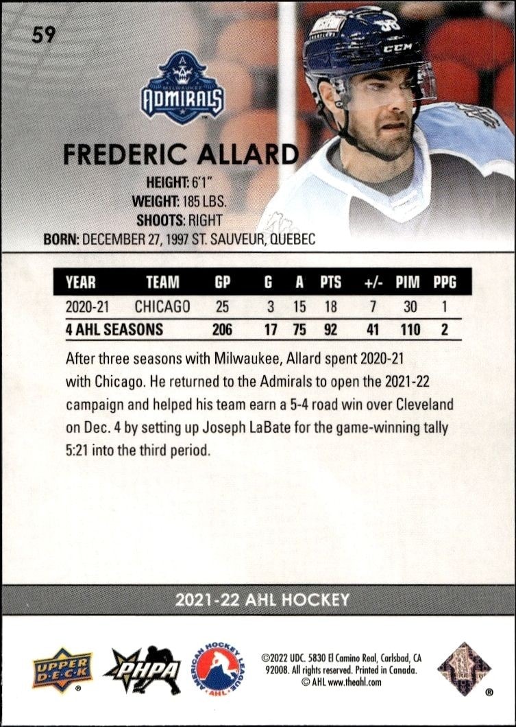 2021-22 Upper Deck AHL Frederic Allard #59 hockey trading card back