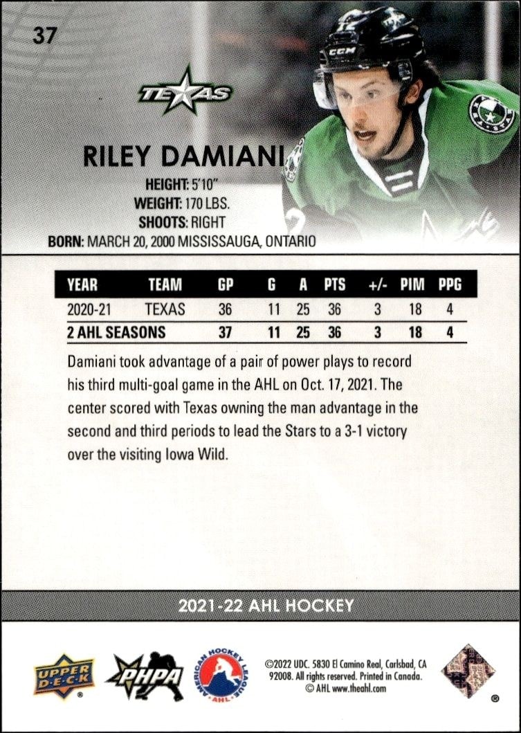2021-22 Upper Deck AHL Riley Damiani #37 hockey trading card back