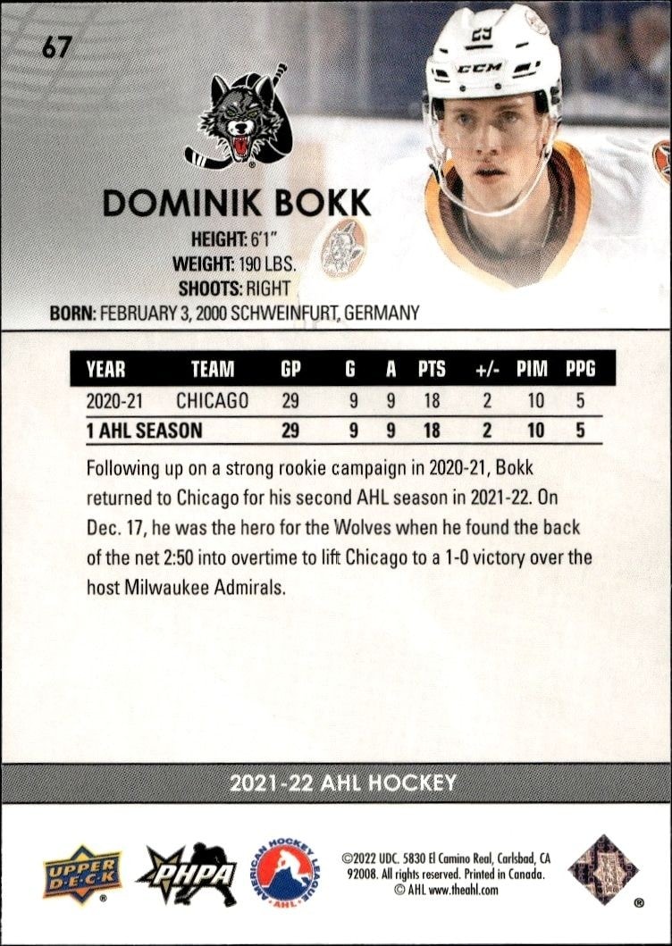 2021-22 Upper Deck AHL Dominik Bokk #67 hockey trading card back