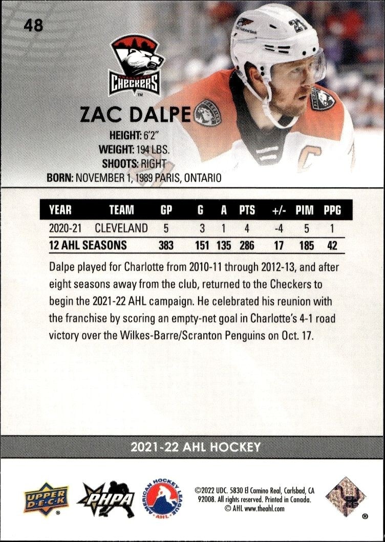 2021-22 Upper Deck AHL Zac Dalpe #48 hockey trading card back