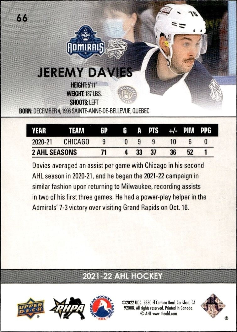 2021-22 Upper Deck AHL Jeremy Davies #66 hockey trading card back