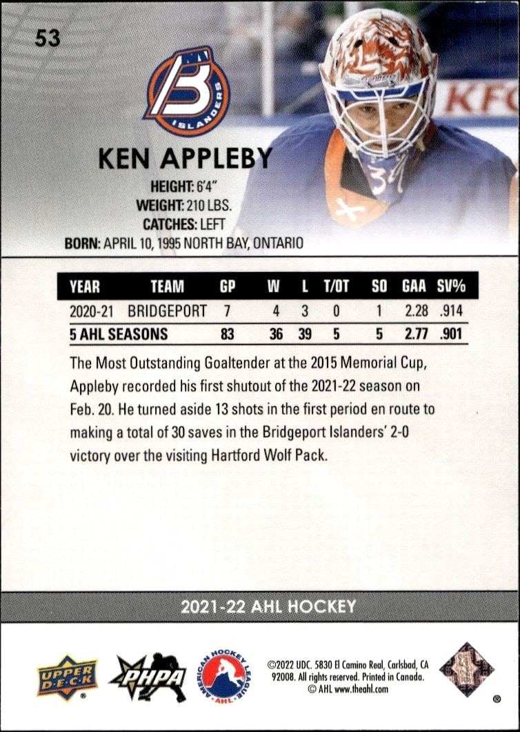 2021-22 Upper Deck AHL Ken Appleby #53 hockey trading card back