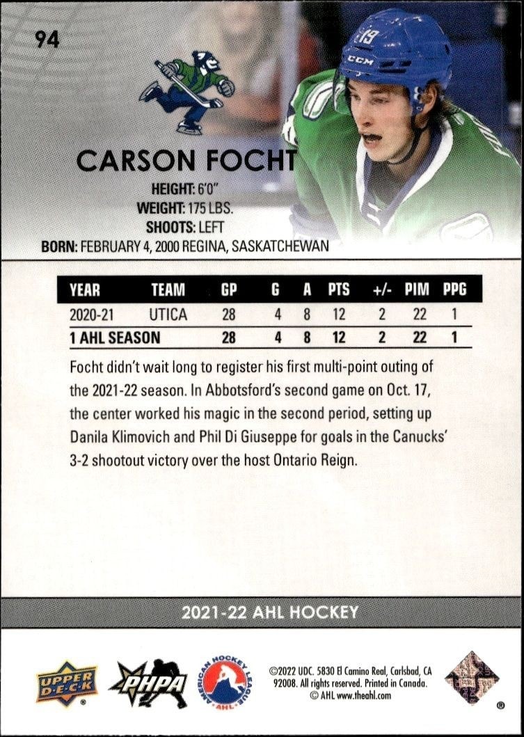 2021-22 Upper Deck AHL Carson Focht #94 hockey trading card back