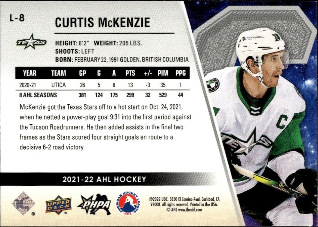2021-22 Upper Deck AHL Curtis McKenzie #L-8 hockey trading card back