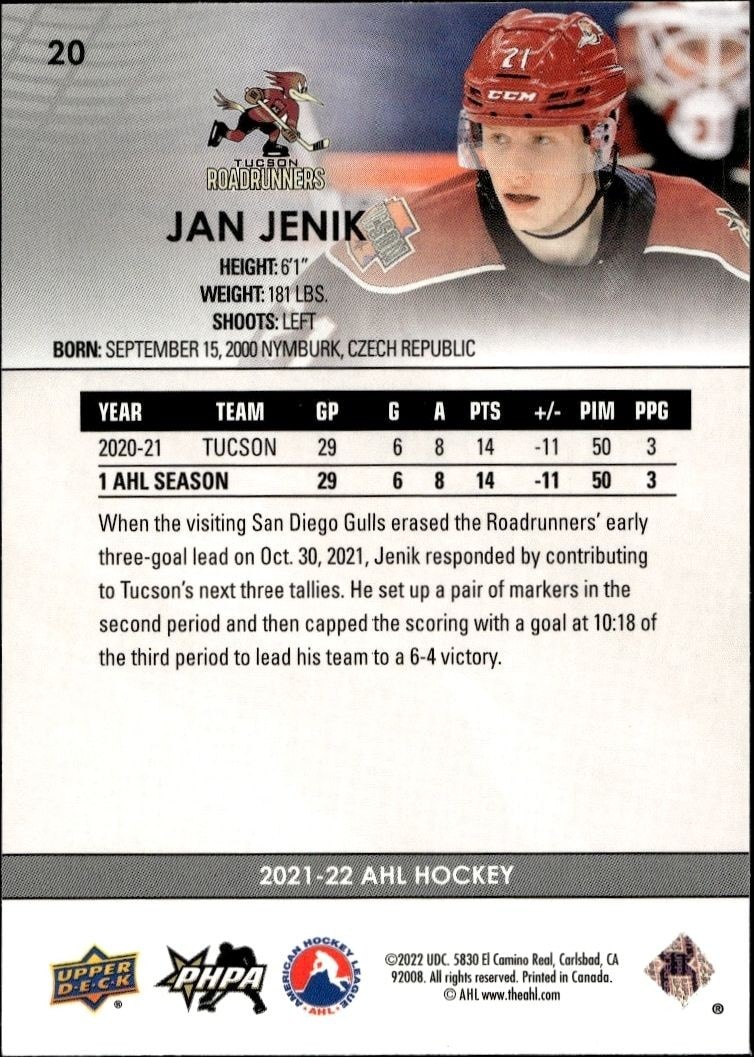 2021-22 Upper Deck AHL Jan Jenik #20 hockey trading card back