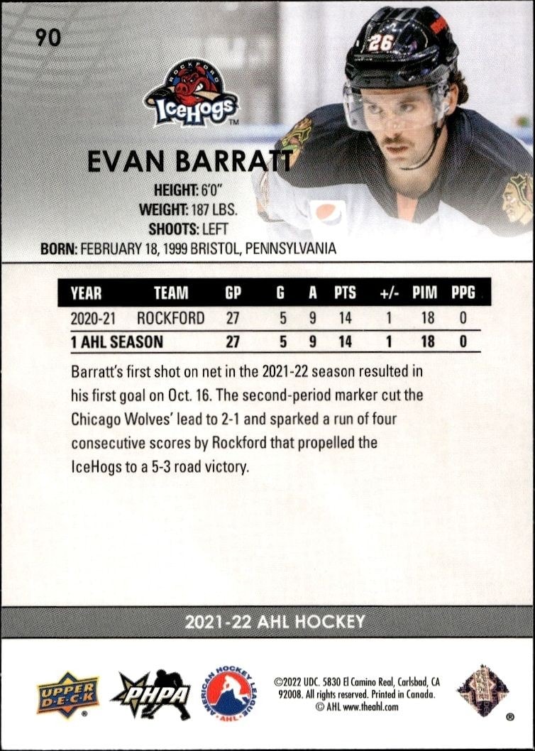 2021-22 Upper Deck AHL Evan Barratt #90 hockey trading card back