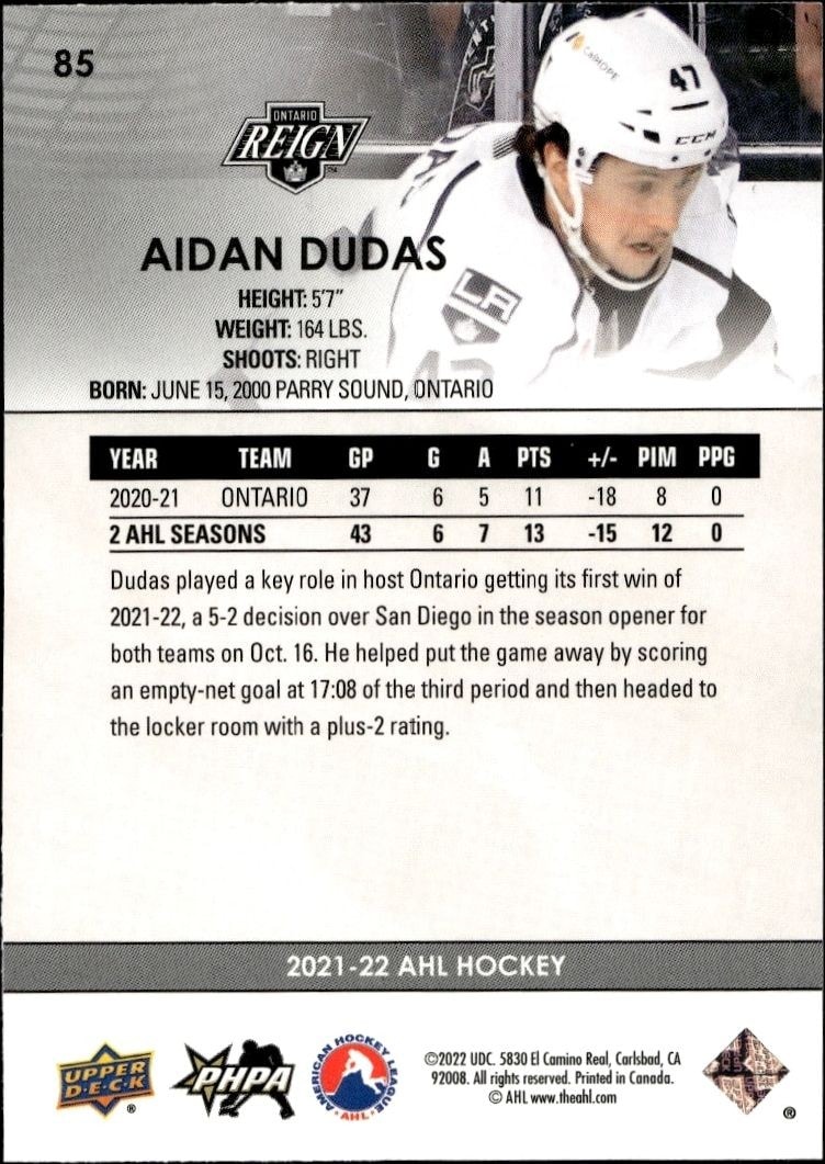 2021-22 Upper Deck AHL Aidan Dudas #85 hockey trading card back