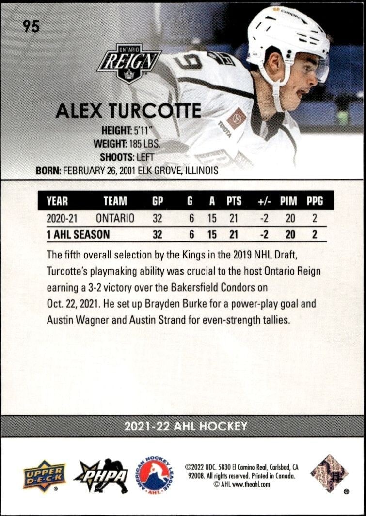 2021-22 Upper Deck AHL Alex Turcotte #95 hockey trading card back