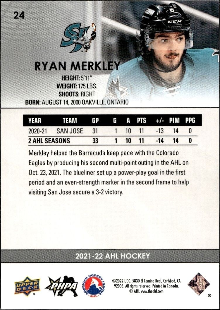 2021-22 Upper Deck AHL Ryan Merkley #24 hockey trading card back