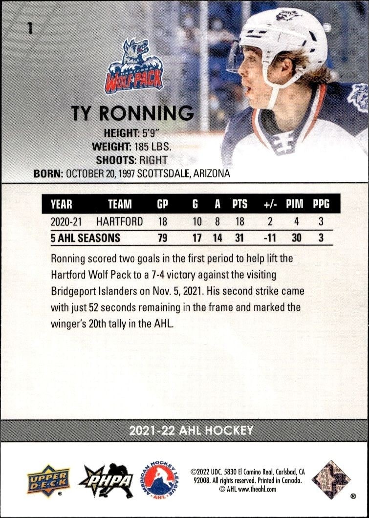 2021-22 Upper Deck AHL Ty Ronning #1 hockey trading card back